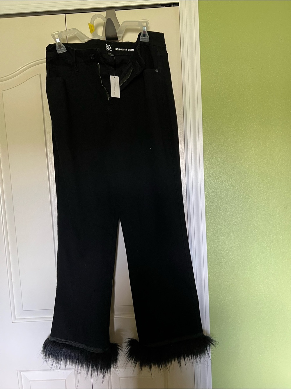 New York & Company Black Wide-Leg Jeans with Faux Fur Hem